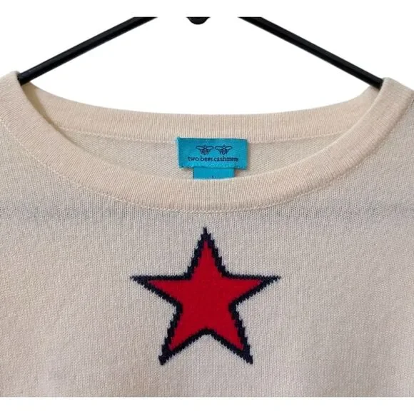 Two Bees Cashmere Star Stripe Intarsia Crewneck Lightweight Sweater Ivory & Red